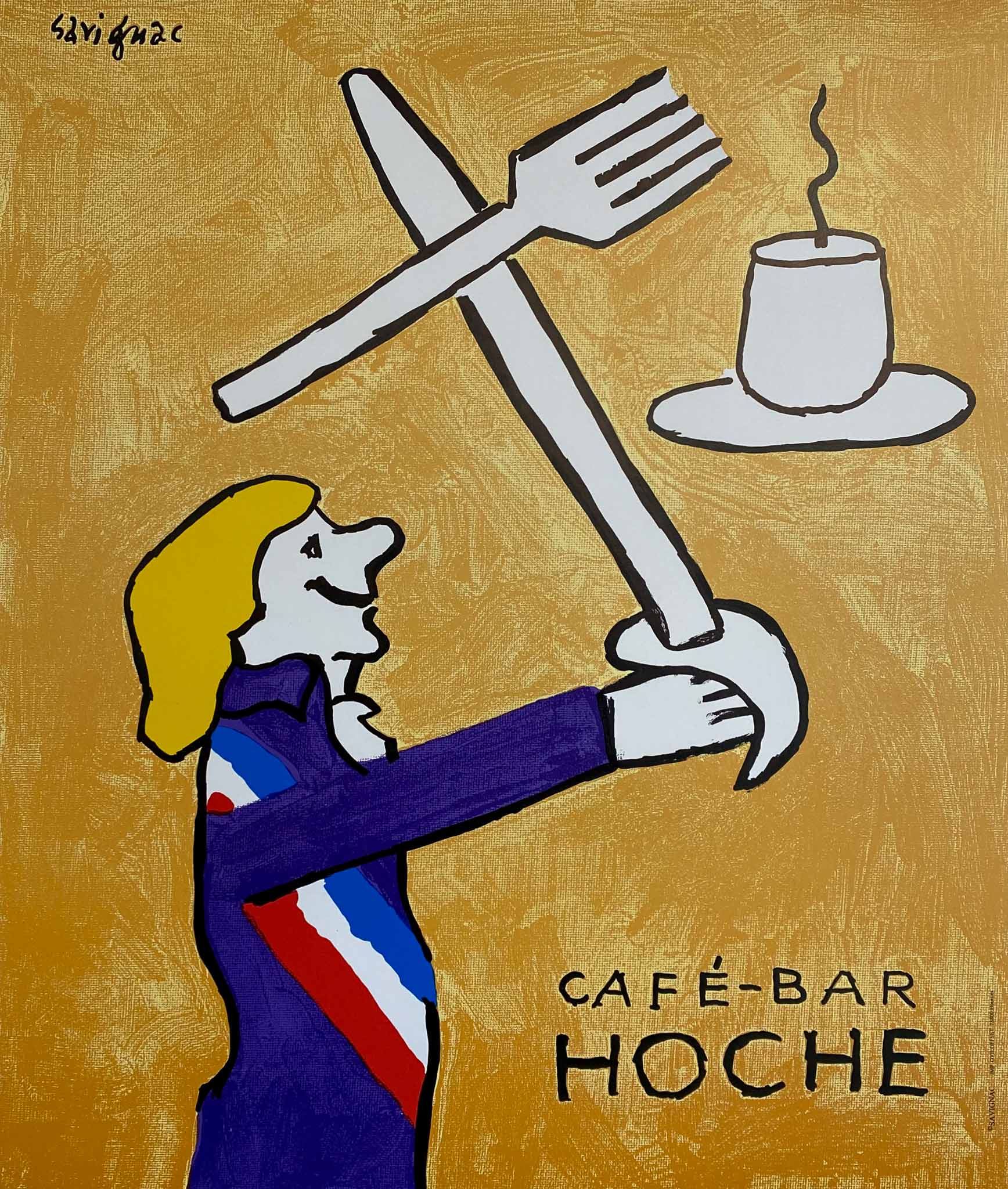 Affiche originale de Raymond Savignac dessinée en 2001 pour promouvoir le Café-Bar Hoche          Savignac était une figure éminente de la scène de l'art et de l'affiche à Paris,  du milieu des années 50 jusqu'à sa mort en 2002.