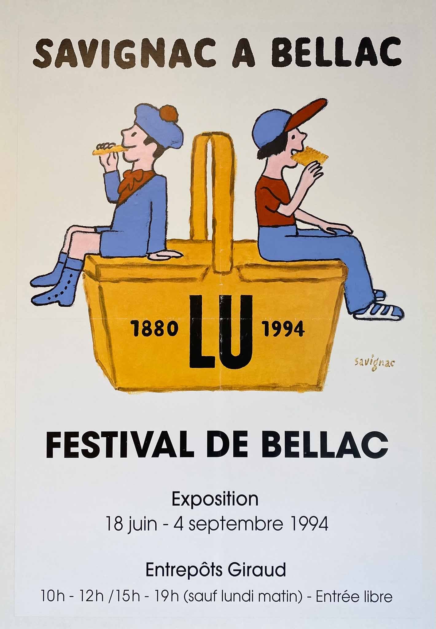 Superbe affiche très décorative, du célèbre affichiste Français, Raymond Savignac.  Affiche réalisée à L'occasion de l'exposition " Savignac à Bellac "   du 18 Juin au 4 Septembre 1994 à L'entrepôts Giraud lors du festival de Bellac