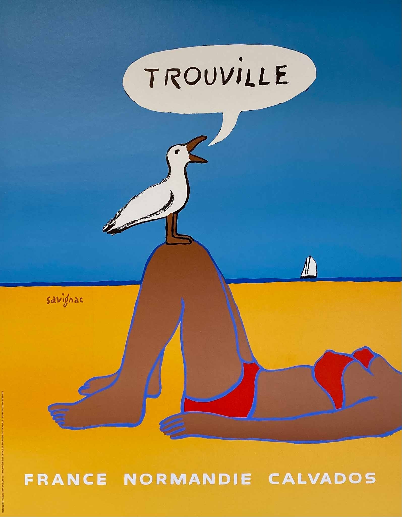 Affiche Vintage Trouville - France Normandie calvados Par Raymond Savignac, 1987          Superbe affiche très décorative, du célèbre affichiste Français, Raymond Savignac.  Affiche réalisée pour promouvoir la ville de Trouville