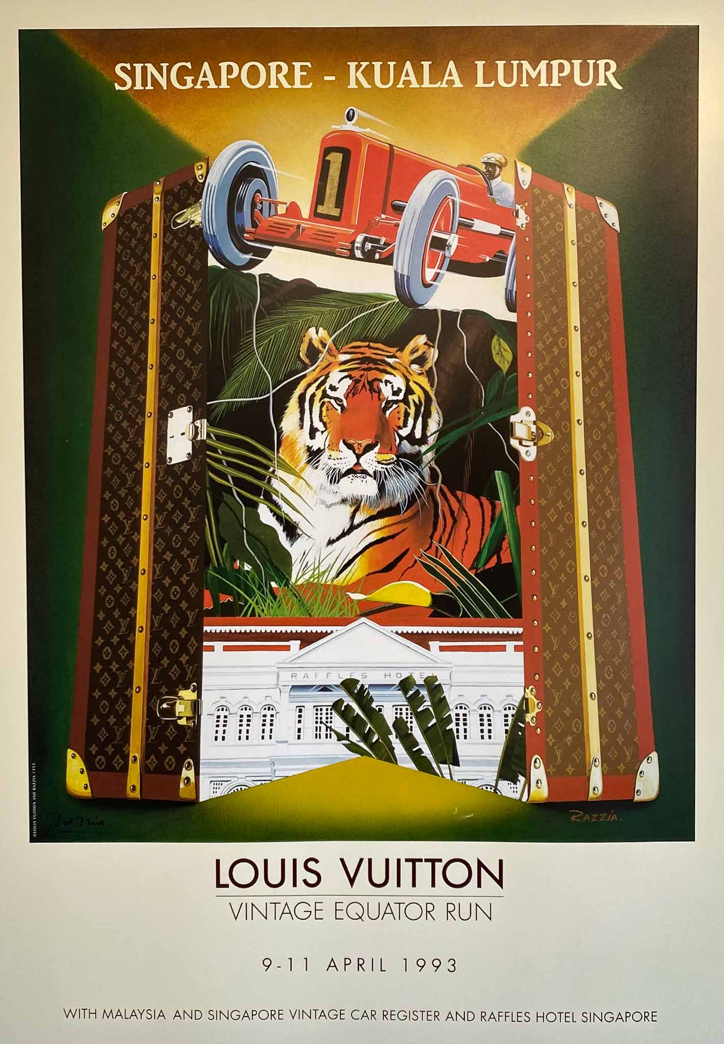 Affiche Louis Vuitton - Vintage Equator Run - Singapore Kuala Lumpur Par Razzia Gerard Courbouleix, 1993       Affiche originale Razzia, réalisée pour la promotion de la course Automobile   " Vintage Equator Run" se déroulant en Asie du sud Est  de Singapour  à Kuala Lumpur, du 9 au 11 Avril 1993