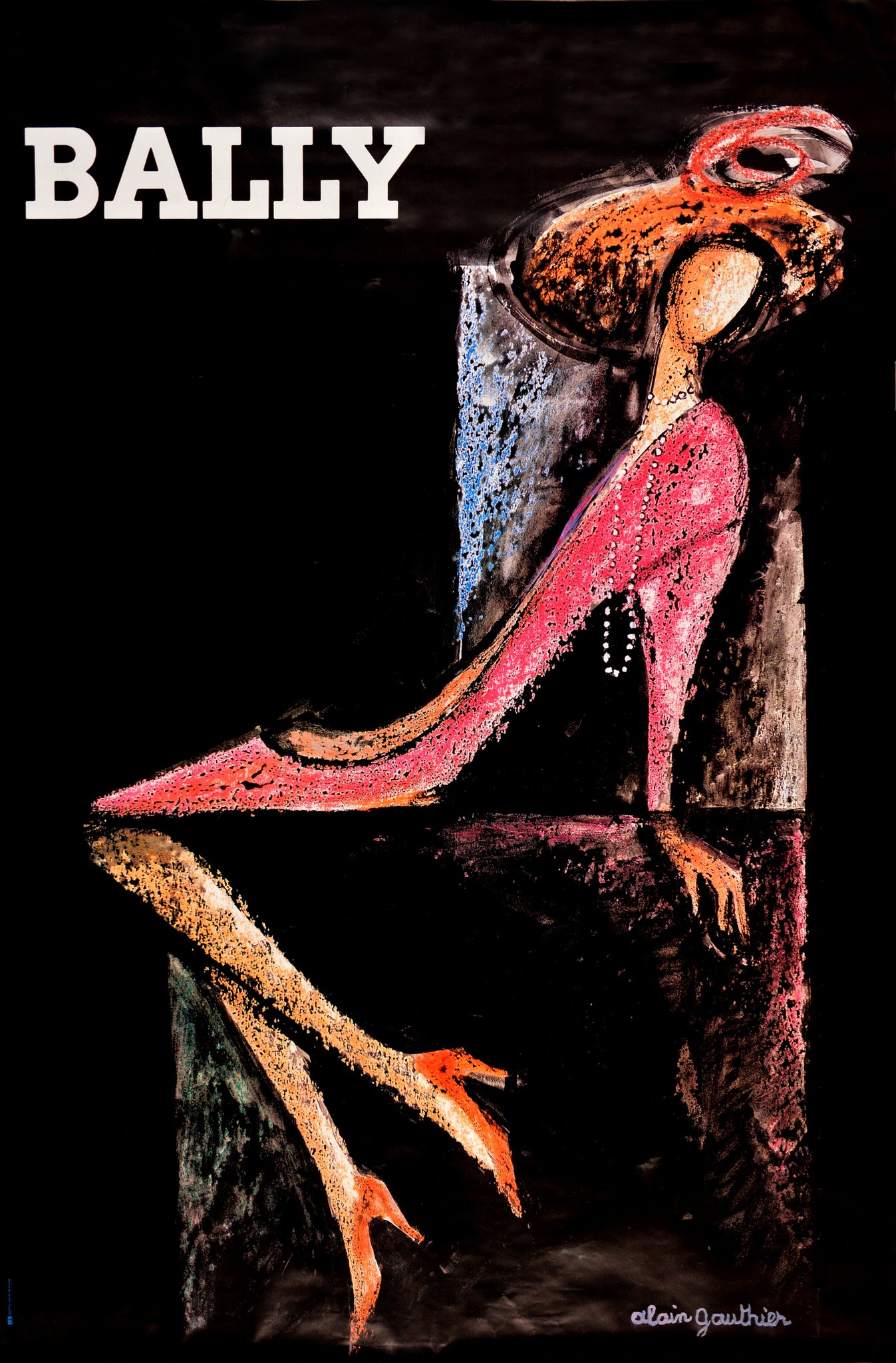 Affiche originale ancienne Bally, La femme Par Alain Gauthier, 1970