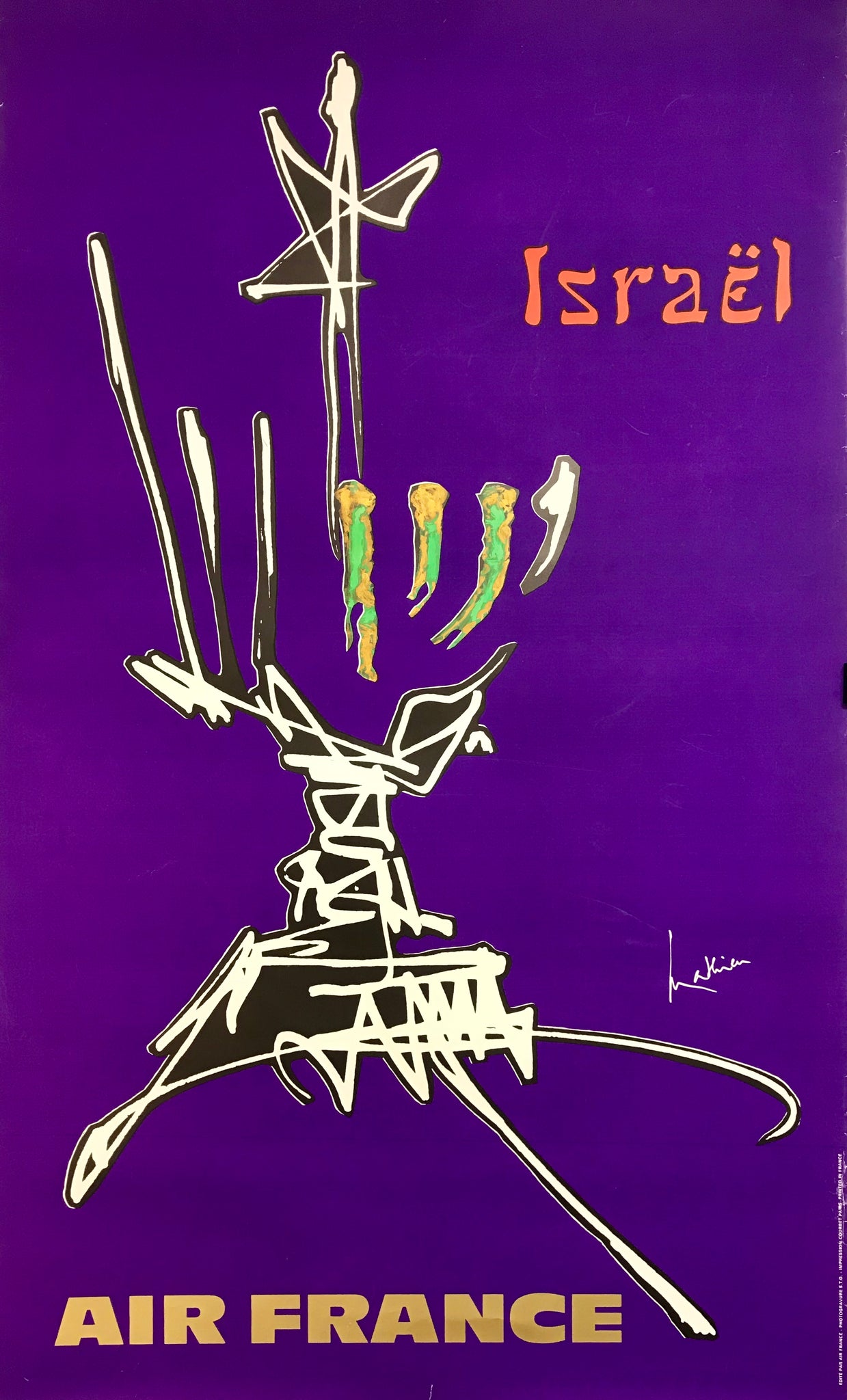 Affiche originale Air France - Israël  Par Georges Mathieu, 1967