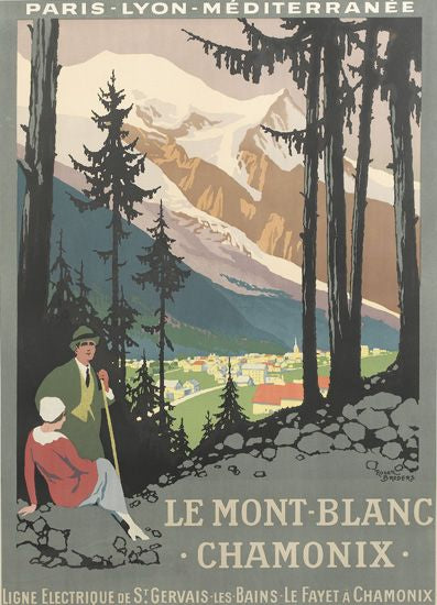 Affiche ancienne Le Mont Blanc Chamonix  Par Roger Broders, 1924     Affiche Le Mont Blanc, Chamonix, Paris Lyon Méditerranée (PLM).  Ligne électrique de St Gervais- Les - Bains- Le Fayet à Chamonix.