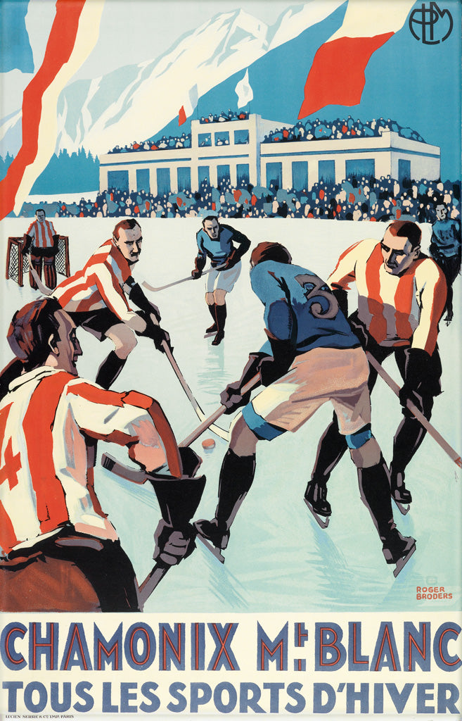 Affiche PLM Chamonix Mont Blanc: tous les sports d'hiver.  Affiche réalisée pour le championnat du monde de hockey sur glace. Réalisée par Roger Broders 