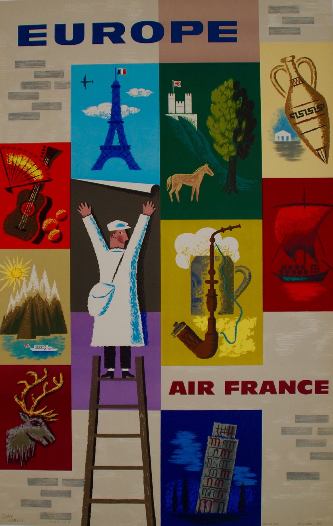 Affiche ancienne Air France - Europe Par Jean Carlu, 1957