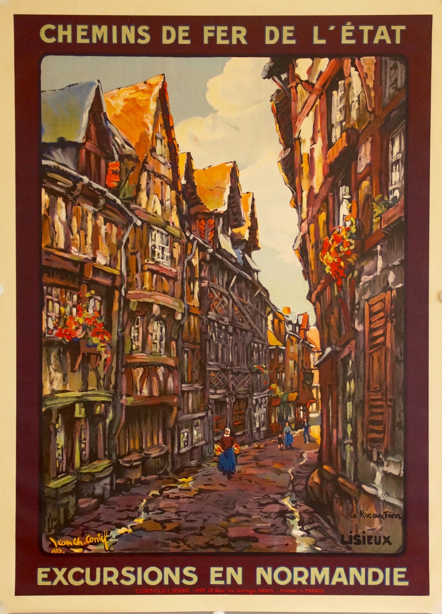 Affiche chemin de fer - Excursions en Normandie Par Jean Ch. Contel, 1923