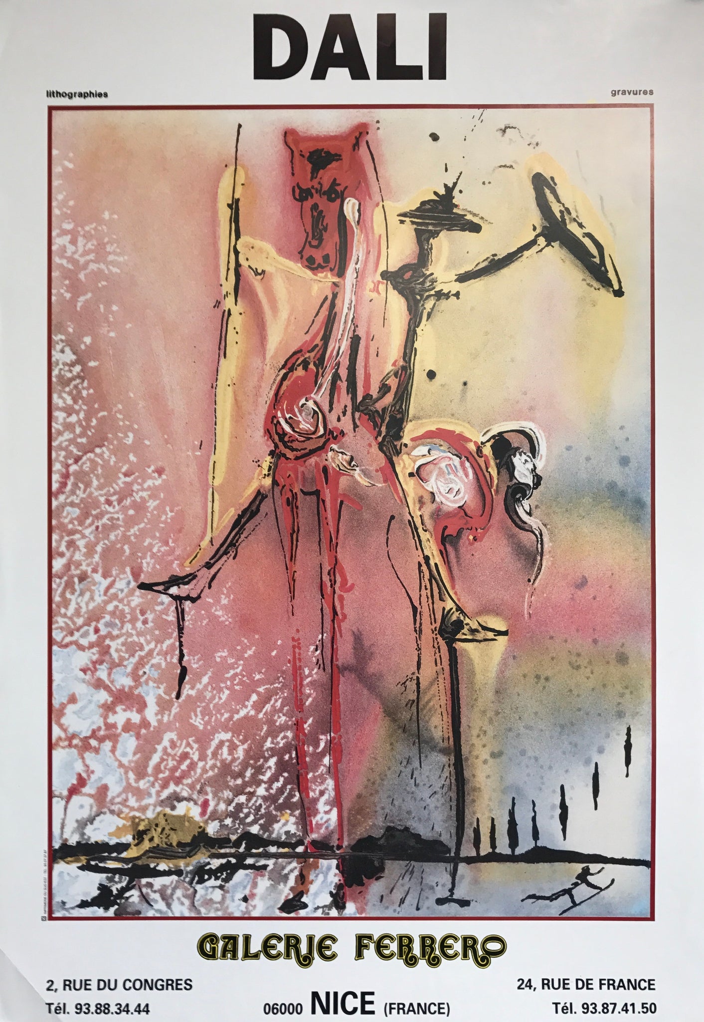 Affiche Dali - Galerie Ferrero Par Salvador Dali, 1976    Exposition sur l'artiste à la célèbre moustache à la Galerie Ferrero, Nice.  Lithographies et Gravures   Affiche inspirée par les chevaux de Dali, une série d'oeuvres avec pour thème principal le cheval