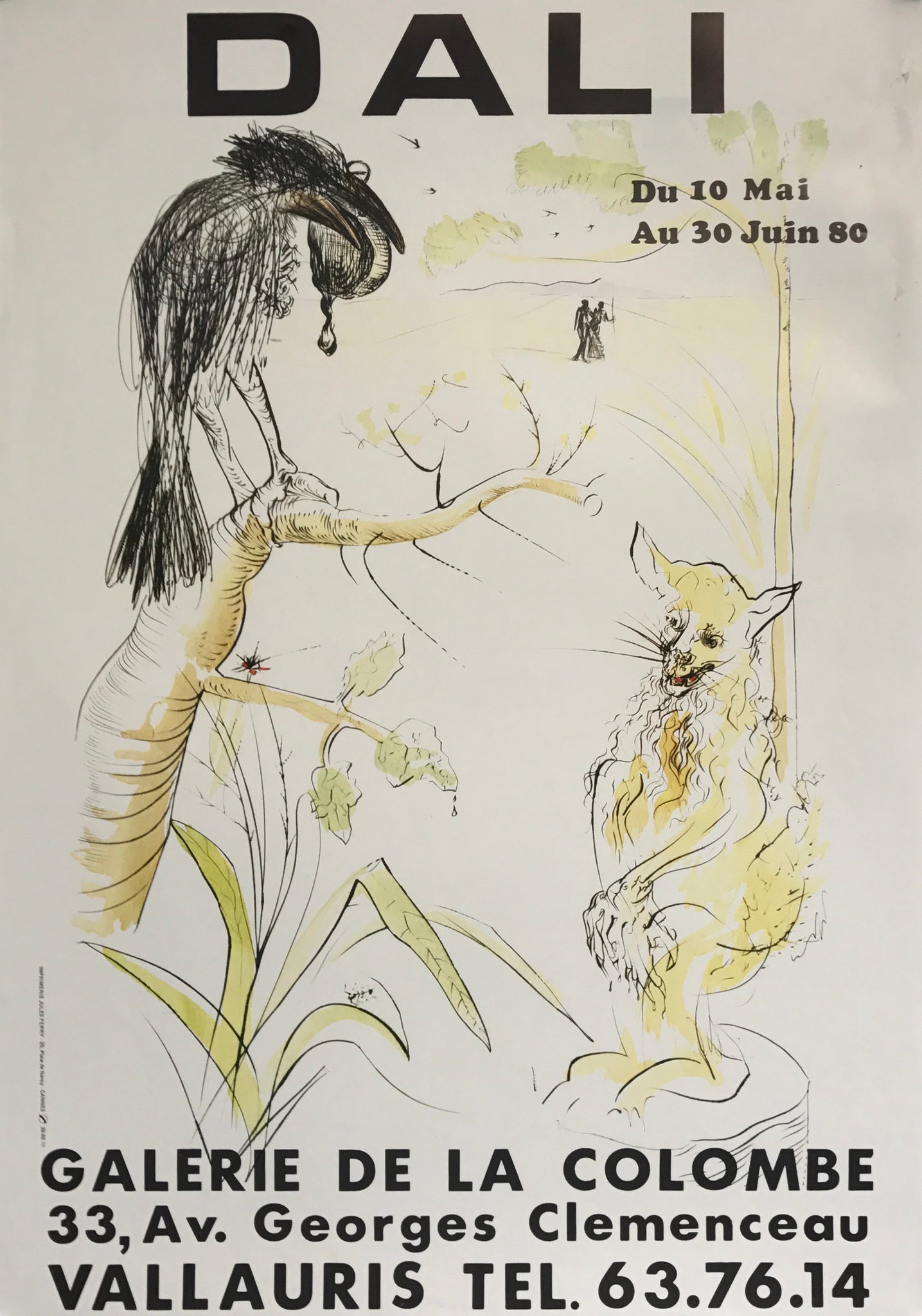 Affiche Dali - Galerie de la colombe Par Salvador Dali, 1980    Exposition sur l'artiste à la célèbre moustache à la Galerie De la colombe,  du 10 mai au 30 juin 1980 à Vallauris  Affiche représentant la fable de La Fontaine, "Le Corbeau et le Renard"