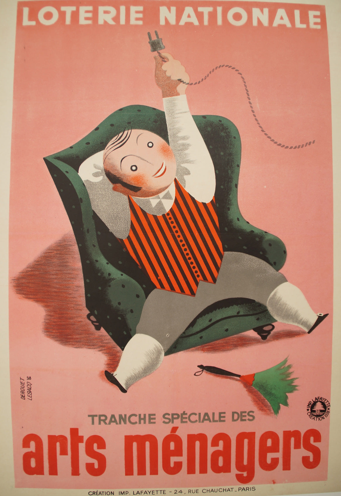 Affiche ancienne lithographique  de 1938 pour la loterie nationale représentant un major d’homme.  Loterie nationale, tranche spéciale des arts ménagers