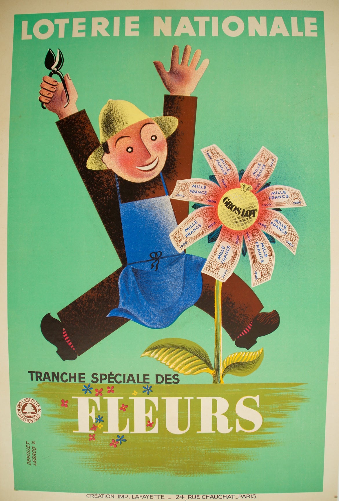 Affiche vintage Loterie Nationale - Tranche des fleurs  Derouet Lesacq, 1939    Affiche ancienne de 1939 pour la loterie nationale représentant un jardinier.  Loterie nationale, tranche spéciale des fleurs. 