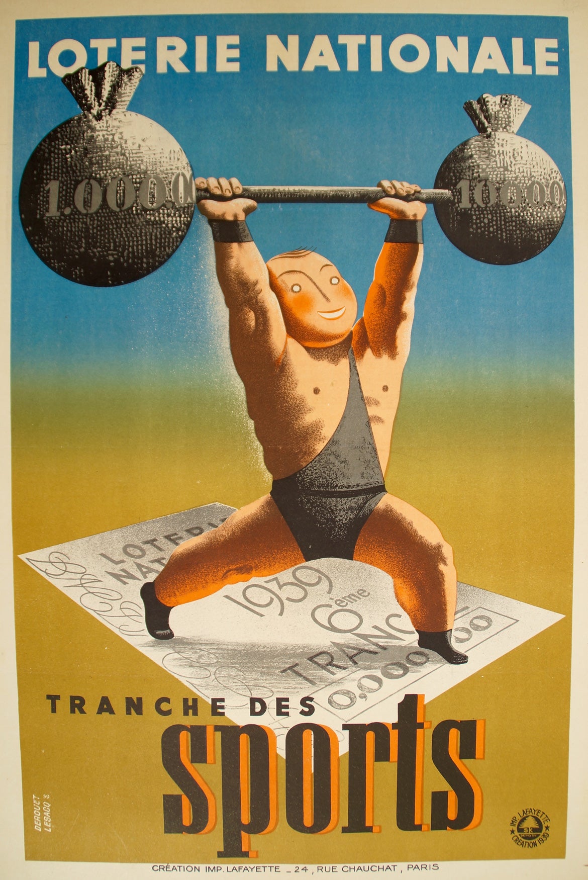 Affiche ancienne Loterie Nationale - Tranche des Sports Par Derouet Lesacq, 1939 6 ème tranche des sports