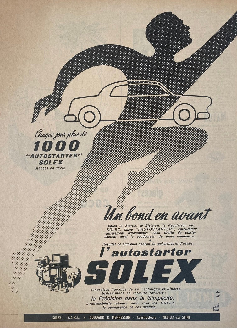 Affiche Publicitaire Solex un Bond en Avant  Par René Ravo         Publicité ancienne originale, provenant d'une revue ancienne   Cette affichette est entoilée 