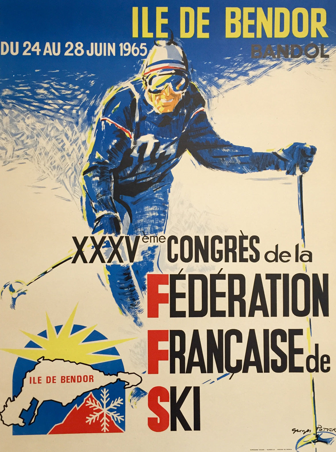 Affiche Vintage ile de Bandor Bandol - Fédération Francaise de Ski Par Georges Potier, 1965