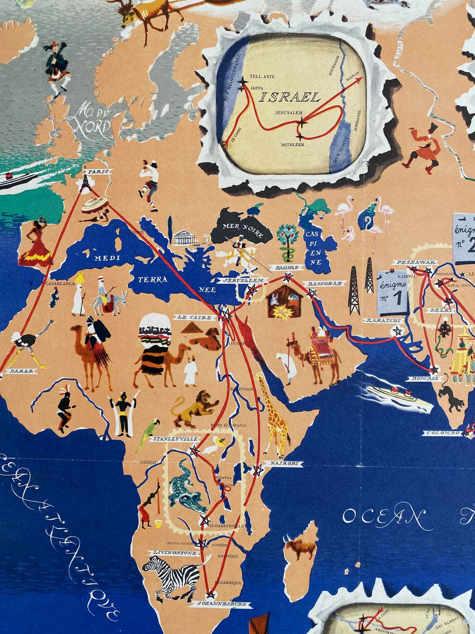Planisphère Chocolat Menier "Le tour du monde" Par J.B Jannot, 1955     Superbe Planisphère - Carte  Chocolat Menier  Trés decoratif, idéal pour la decoration d'une chambre ou d'un bureau 