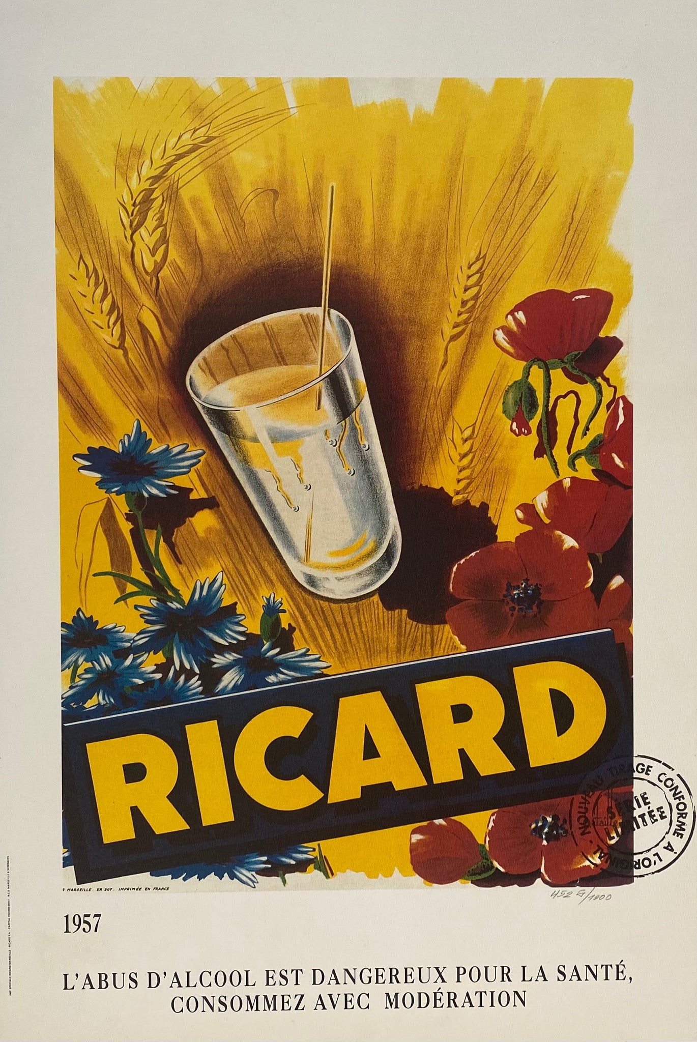 Rare Affiche Lithographique Ricard Liqueur Anisette- Réédition 1990 numéroté