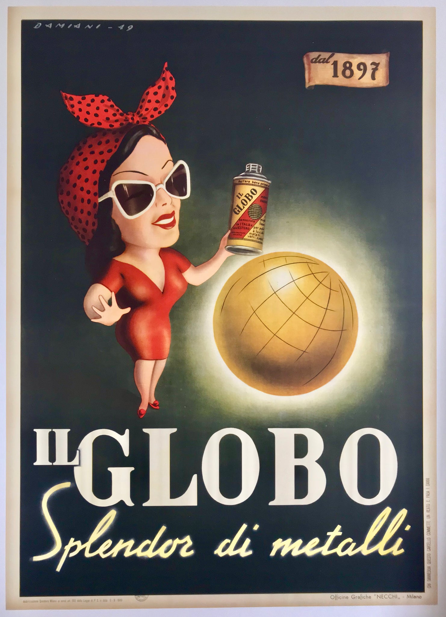 Affiche Ancienne Italienne IL Globo - Splendor di Metalli Par Damiani, 1949