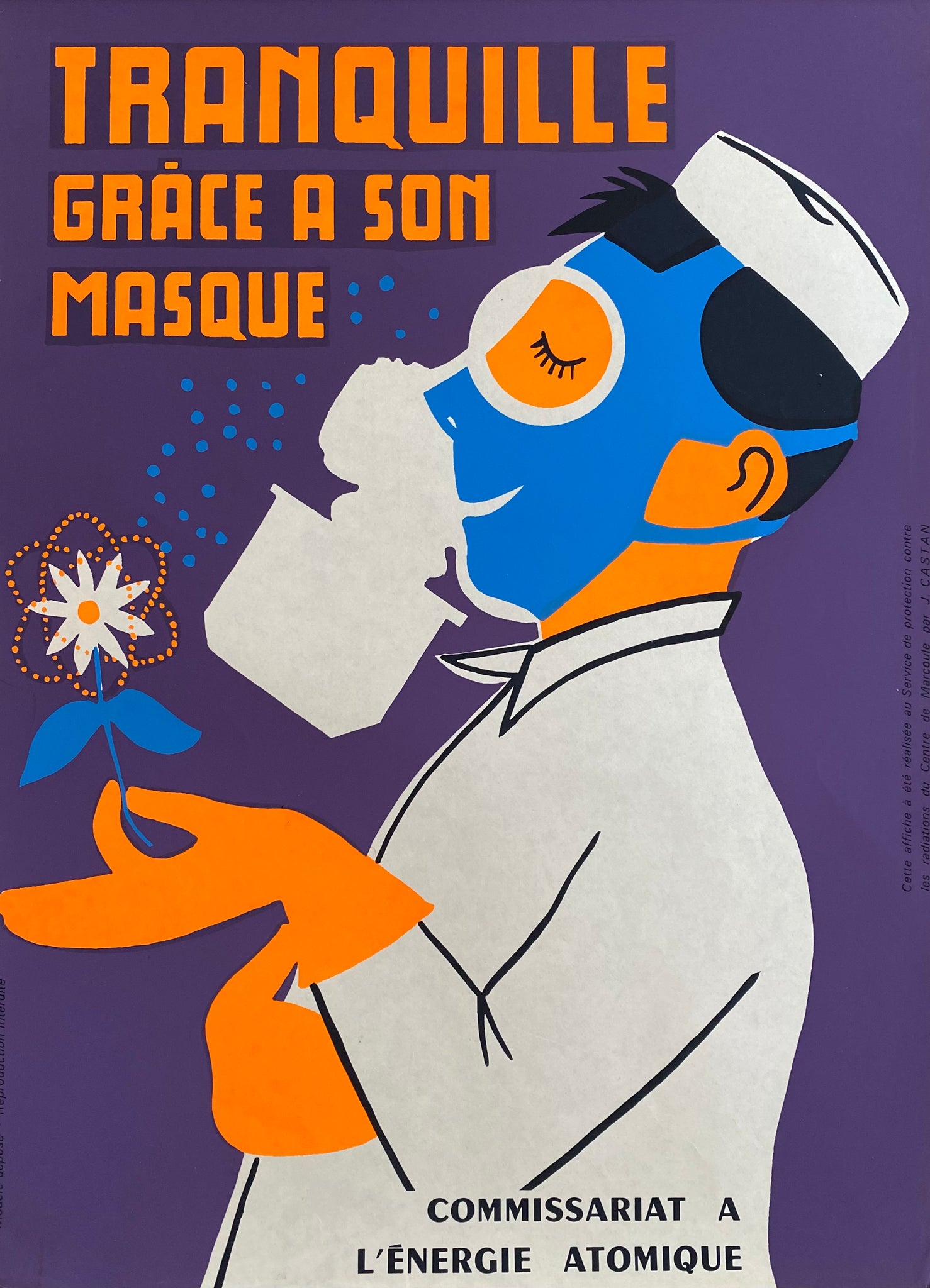 Affiche Original Tranquille grâce a son Masque - Commissariat a l’énergie atomique Par Jacques Castan, 1964