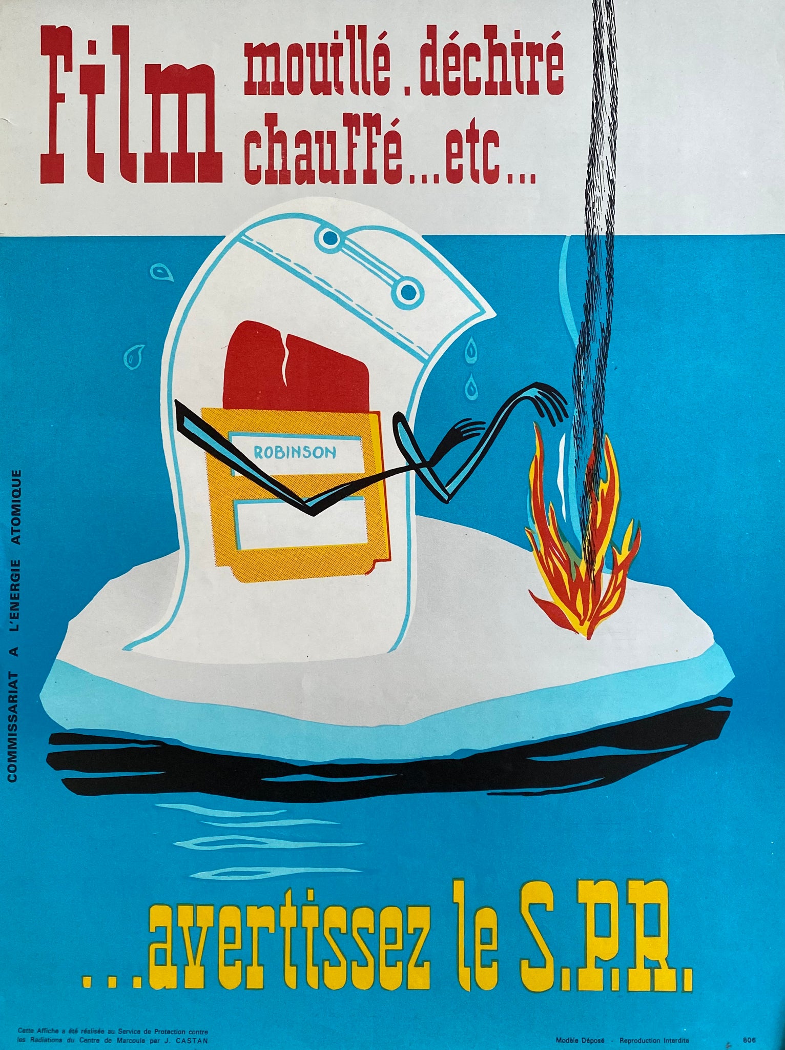 Affiche Original Avertissez le S.P.R - Commissariat a l’énergie atomique Par Jacques Castan, 1964