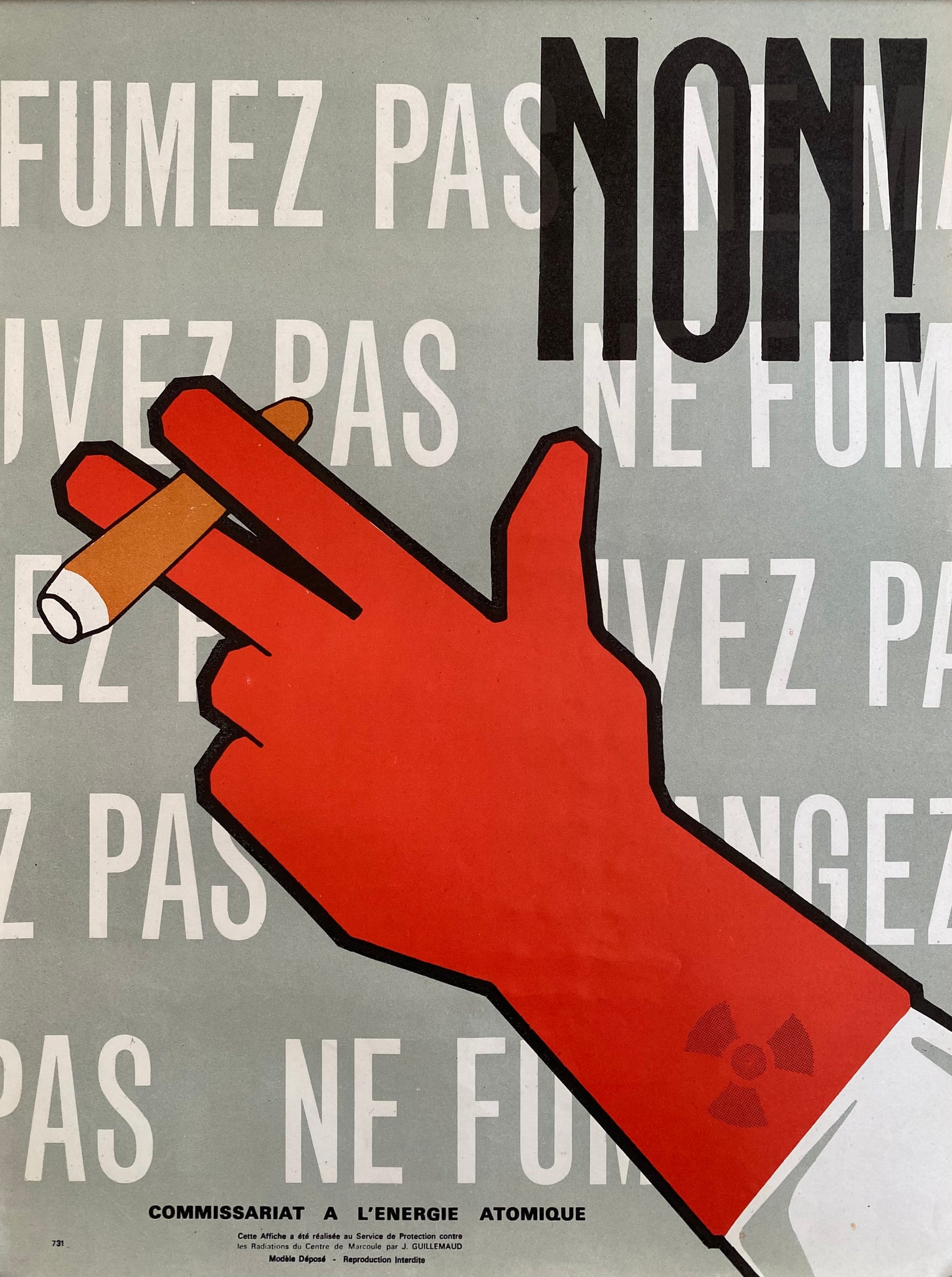 Affiche Original Non! Ne Fumez pas - Commissariat a l’énergie atomique Par J Guillemaud, 1964