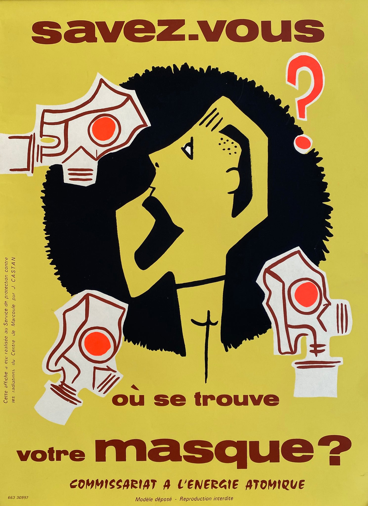 Affiche Original Savez-vous où se Trouve votre Masque - Commissariat a l’énergie atomique Par Jacques Castan, 1964