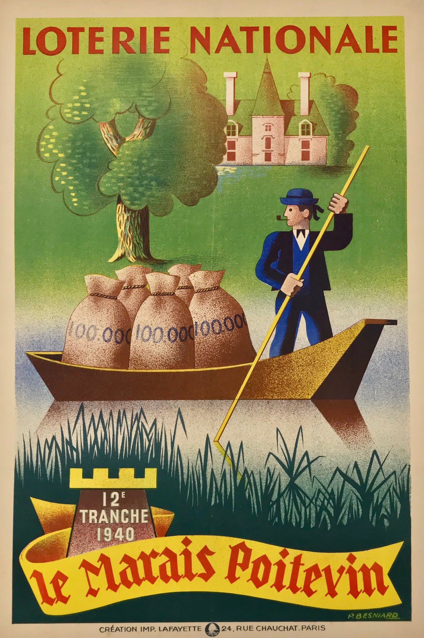 Affiche Loterie Nationale - Le Marais Poitevi, Par P.Besniard, 1940    Affiche originale 12 éme tranche de la loterie nationale, le marais Poitevin  Réalisée par Besniard en 1940