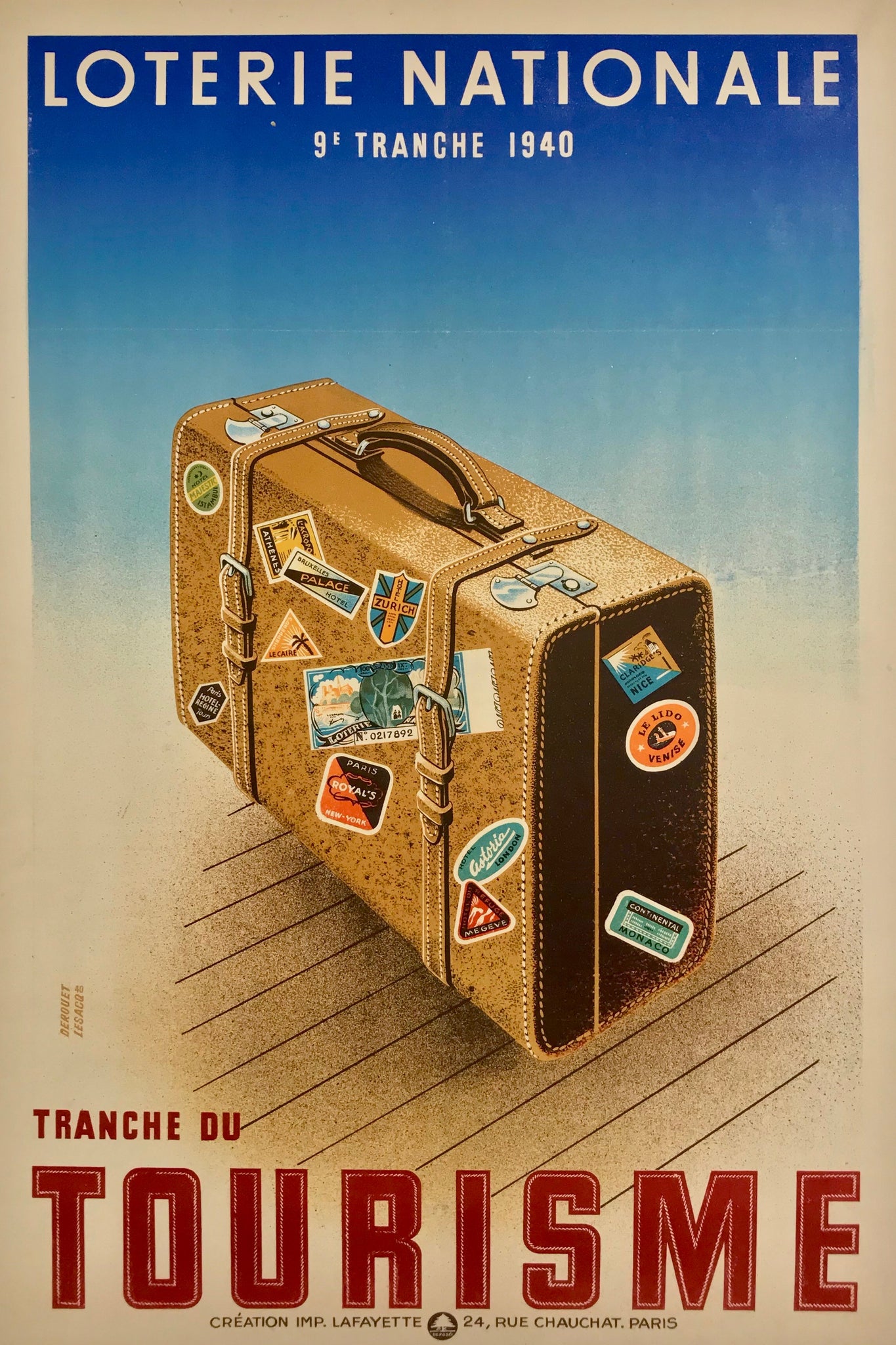 Affiche Loterie Nationale - Tranche du Tourisme  Par Derouet Lesacq, 1940    Affiche réalisée pour la loterie nationale, tranche du tourisme  Très belle affiche lithographique, pleine de détails !