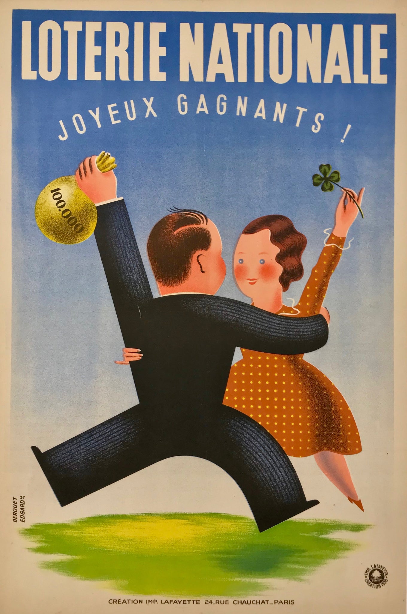 Affiche Loterie Nationale - Joyeux Gagnants Par Derouet Lesacq, 1937    Affiche originale représentant deux personnages joyeux qui viennent de gagner le gros lot !