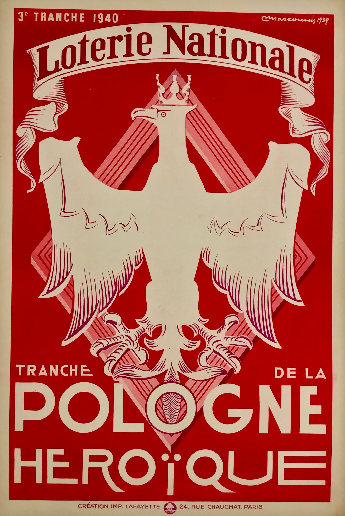 Vintage Poster Loterie Nationale - Pologne héroïque Par Marcoussis, 1940    Affiche originale réalisée pour la loterie national, 3eme tranche 1940  Tranche de la Pologne Héroïque