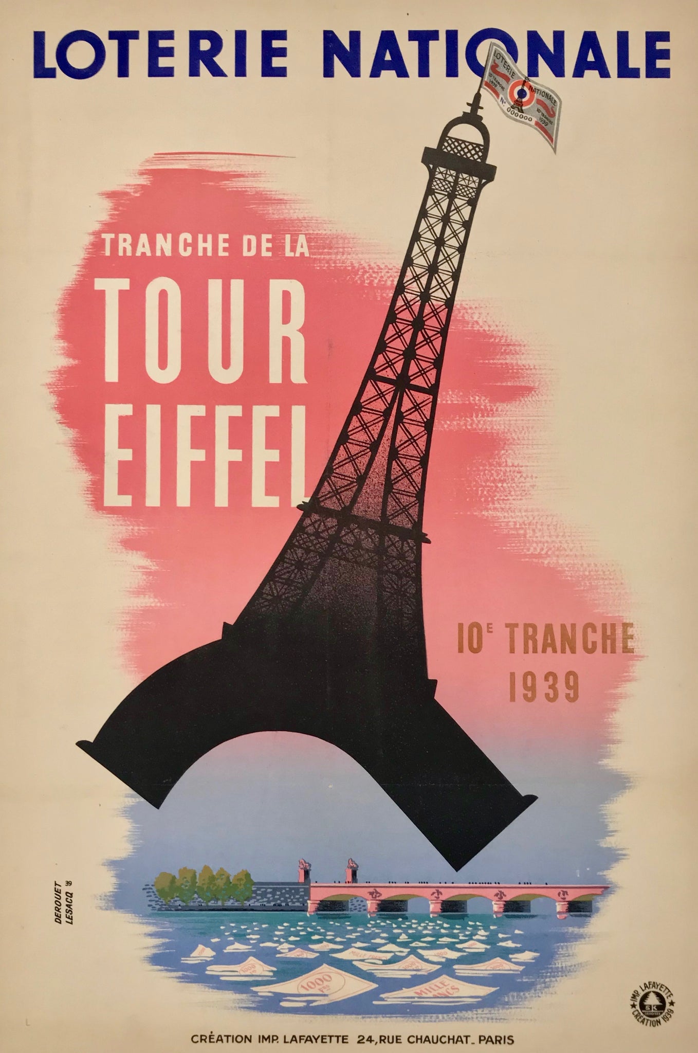 Vintage Poster Loterie Nationale - Tour Eiffel Par Derouet Lesacq, 1939    Affiche originale réalisée pour la loterie national, tranche de la tour Eiffel