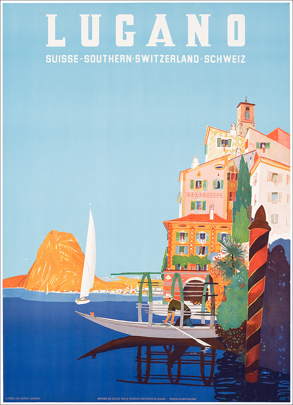 Affiche originale vintage Lugano - Suisse Par Daniele Buzzi, 1952