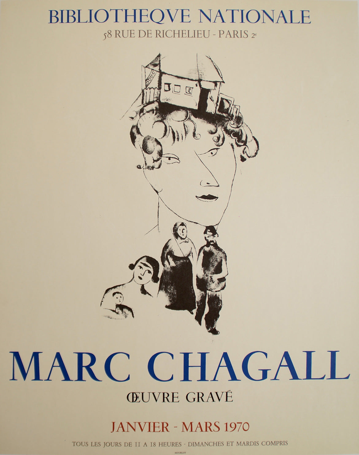 Affiche Ancienne Bibliothèque Nationale oeuvre gravé d'après Marc Chagall, 1970