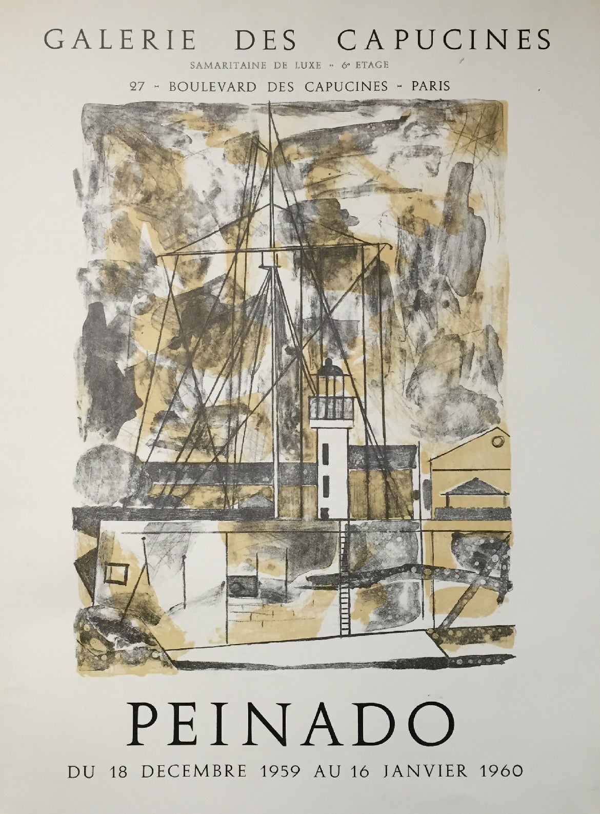 Affiche à l'occasion de l'exposition sur Joaquín Peinado, célèbre peinture cubiste du XX siècle.  Exposition à Paris, du 18 décembre 1959 au 16 janvier 1960, Galerie des Capucines.