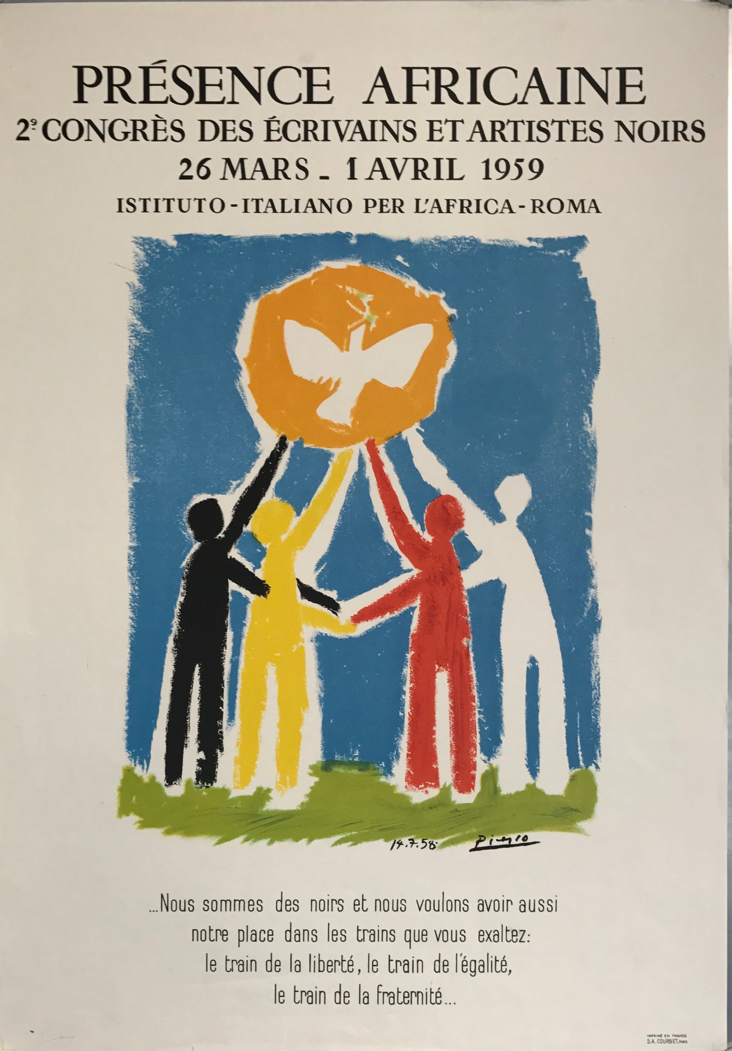 Affiche Présence africaine  Picasso 1959    Affiche réalisée pour le second congrès des écrivains et artistes noirs  A l'initiative de l'institut italien pour l'Afrique.