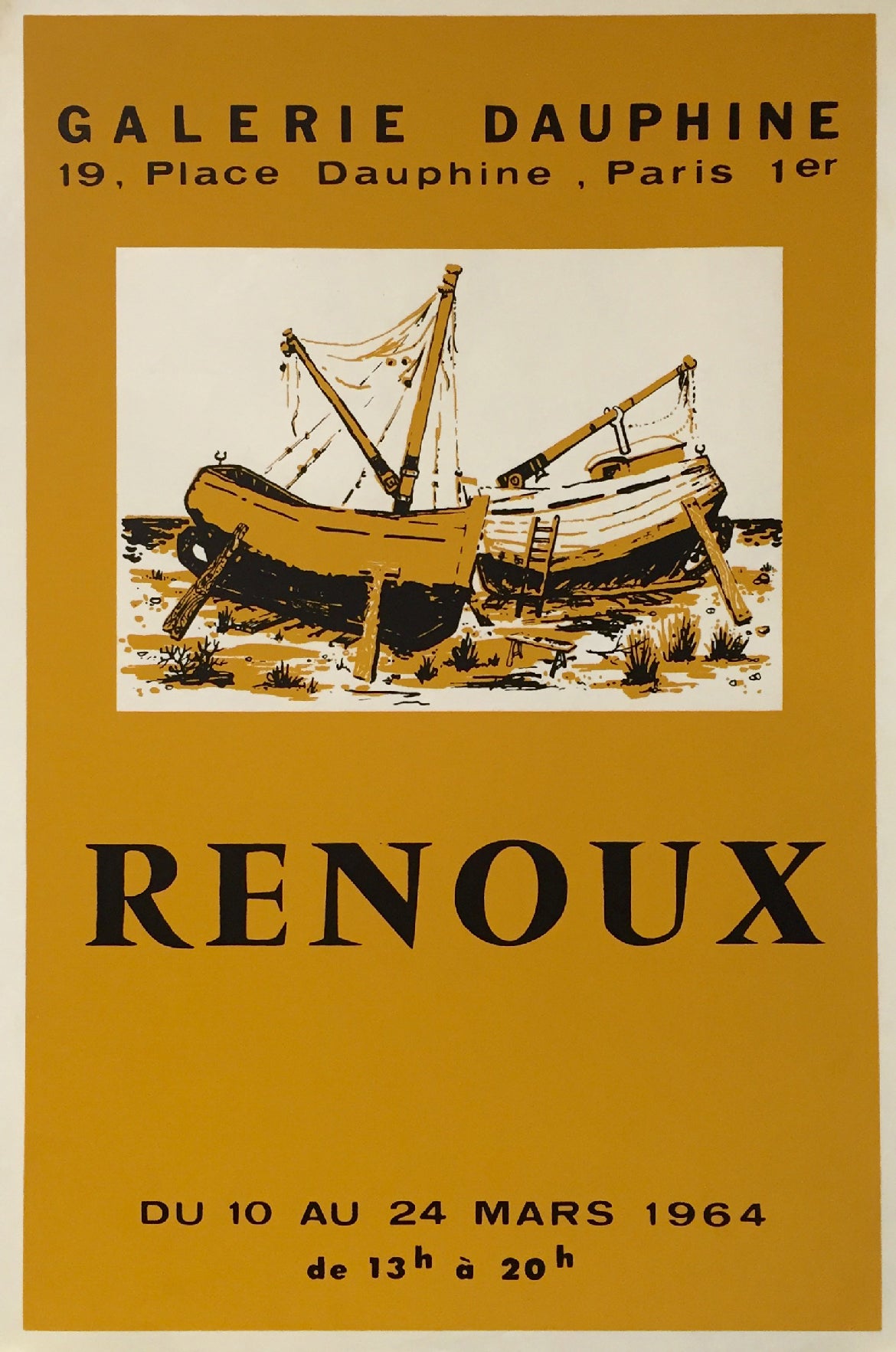 Affiche pour une exposition de l'artiste André Renoux,  ayant pris place à la Galerie Dauphine, du 10 au 24 mars 1964.