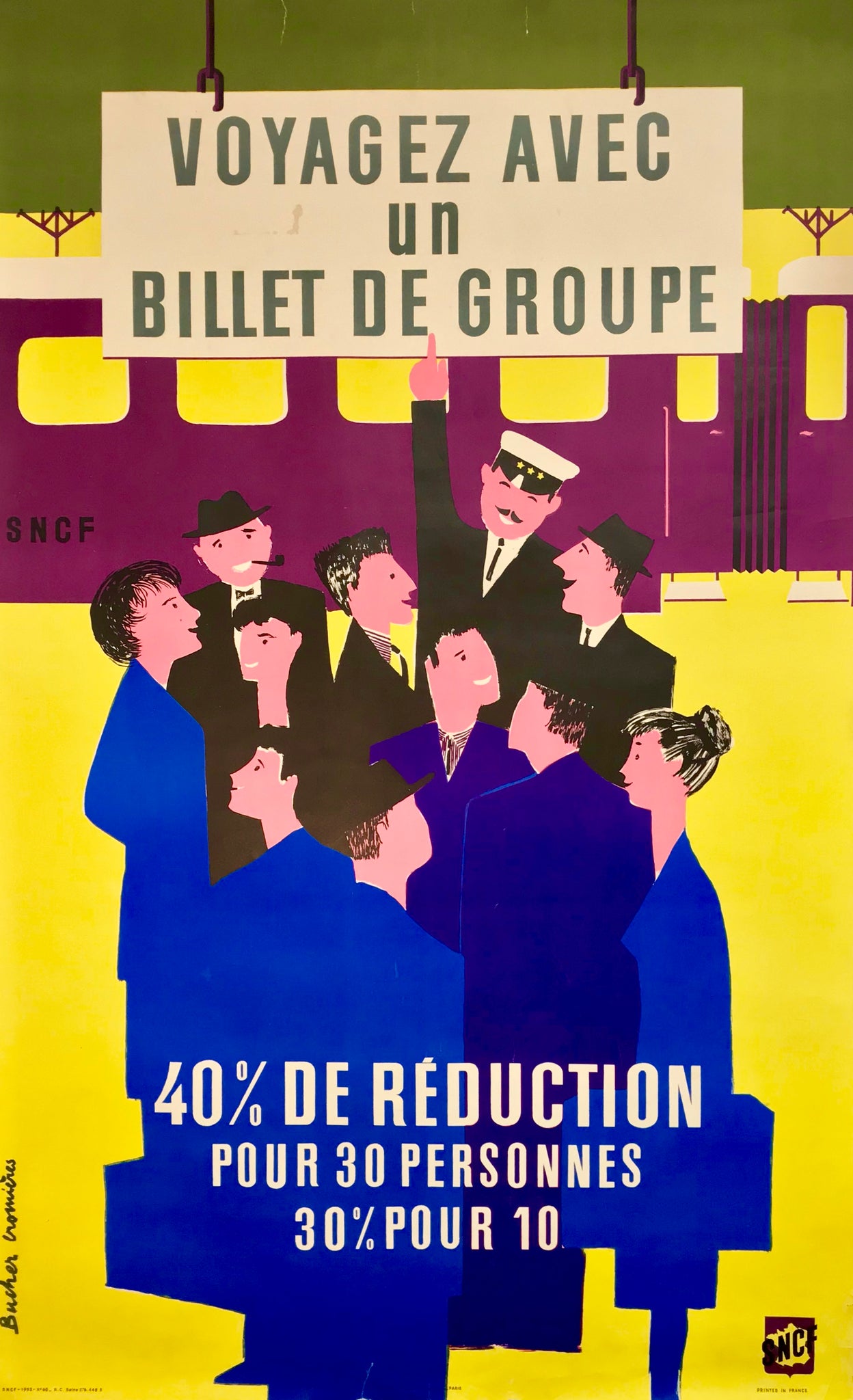 Affiche originale, SNCF Voyagez avec un billet de groupe Par Bucher Cromières, 1952