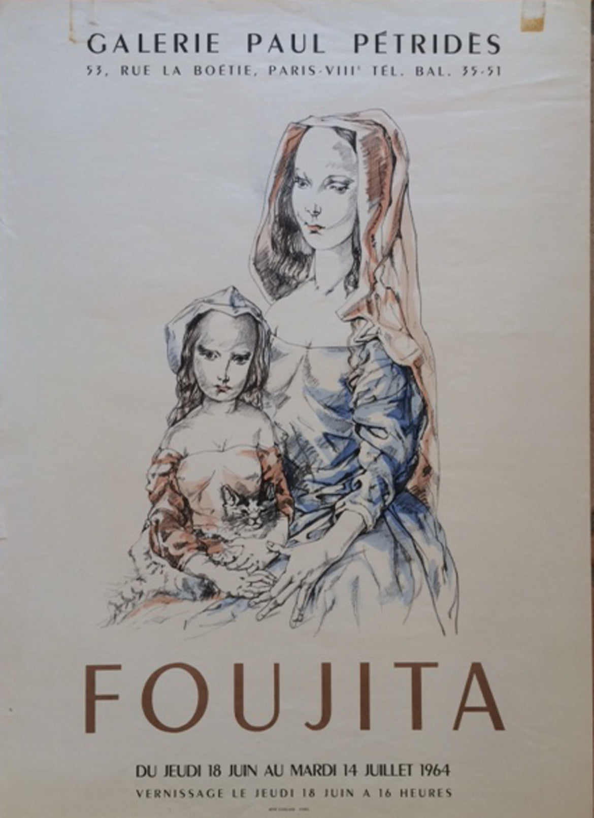 Affiche Lithographique Galerie Paul Pétrides Par Tsuguharu Leonard Foujita, 1964      Affiche ancienne pour l’exposition de Foujita à la galerie Paul Pétrides à Paris.  ,du jeudi 18 juin au mardi 14 juillet 1964.