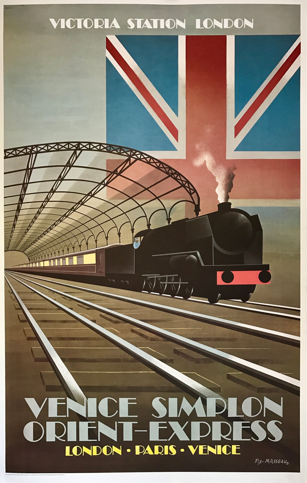 Affiche originale de 1981 réalisée par Fix-Masseau faisant la promotion de la ligne Londres-Paris-Venise.  On y voit un train qui avance avec en fond un drapeau britannique.