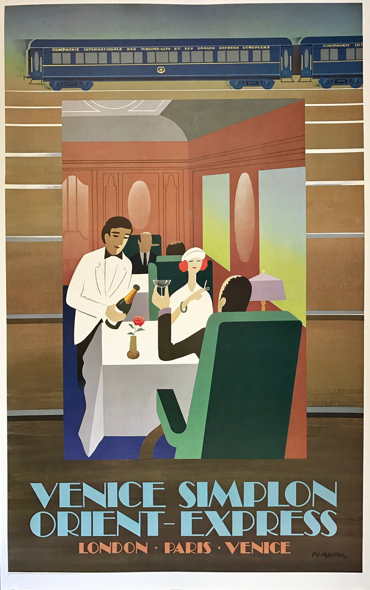Affiche  First Edition Wagon restaurant Fix-Masseau, 1981  Très belle affiche réalisée par Fix Masseau mettant en scène un couple mangeant dans un wagon-restaurant.  Le serveur propose du champagne pendant que la femme fume une cigarette.