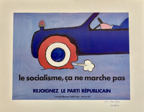 Affiche Rejoignez la parti républicain: le socialisme ça ne marche pas ! Par Raymond Savignac, 1981    Lithographie de 1981 pour la propagande des Républicains lors de la campagne électorale.  Le socialisme, ça ne marche pas: rejoignez le parti Républicain.  Elle est le pendant d'une autre lithographie: "l'état de la France".
