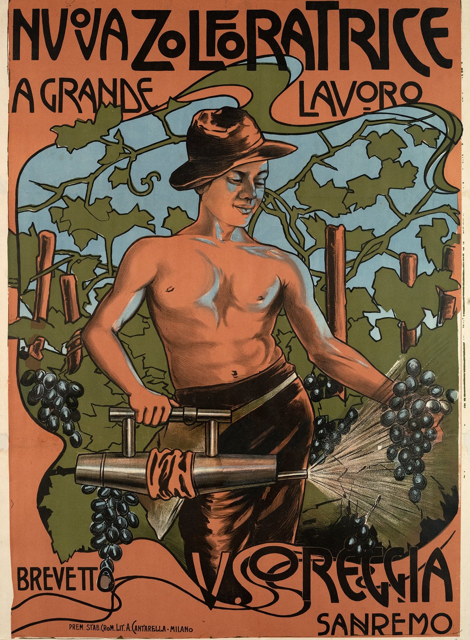 Affiche lithographique originale Art Nouveau Italienne Nuova Zolforatrice  A grande lavoro, San Remo 1910